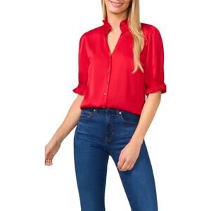 CECE women’s  Puff-sleeve Button-front Blouse In red size small